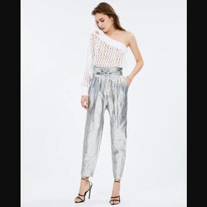 IRO Takecare Paper Bag Pants 36 Waist Tie Silver Metallic Holidays NYE New Years